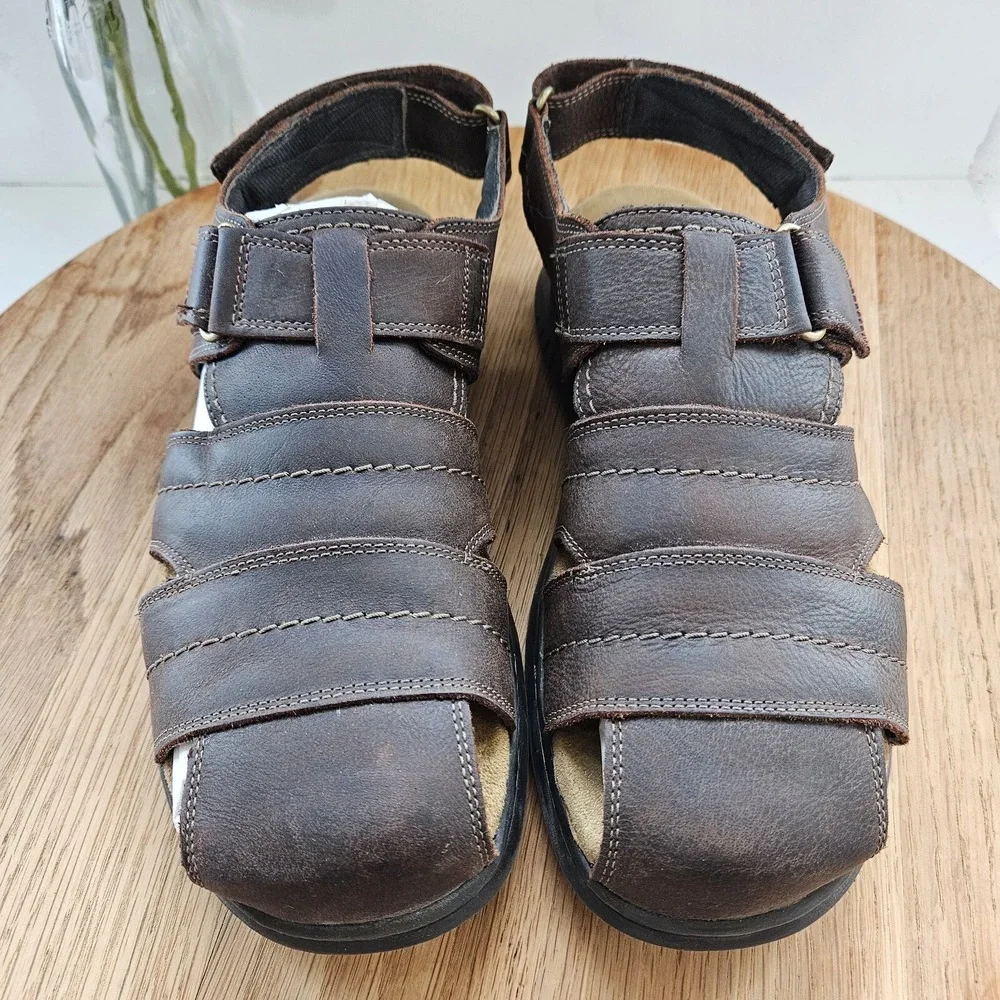 MENS CLARKS HAPSFORD COVE LEATHER CASUAL HOOK & LOOP FISHERMAN SANDALS SIZE 10